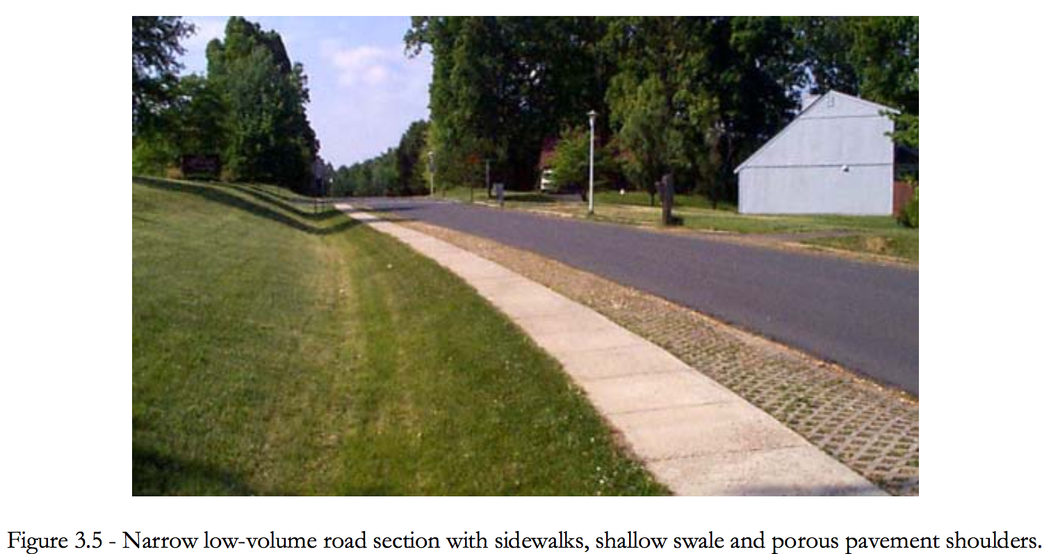 Figure 3.5 Narrow low-volume road section with sidewalks, shallow swale and porous pavement shoulders