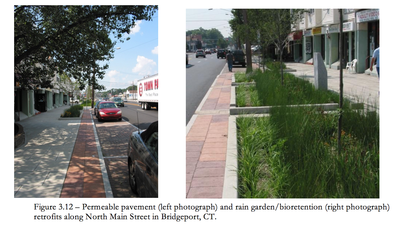 Figure 3.12 Permable pavement and rain garden / bioretention retrofits along North Main Street in Bridgeport, CT