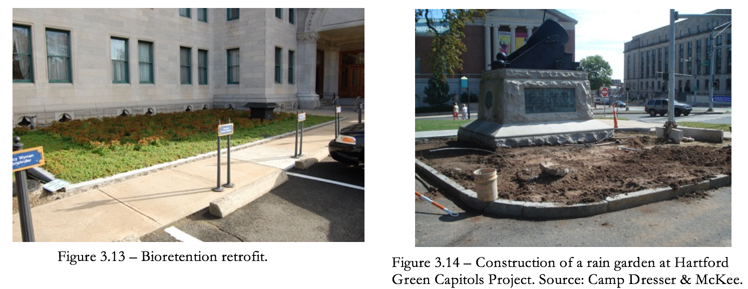 Figure 3.13 Bioretention retrofit and Figure 3.14 Construction of a rain garden at Hartford Green Capitols Project