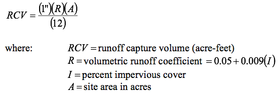 Runoff capture volume (acre-feet) is equal to 1 inch multiplied by the volumetric runoff coefficient, multiplied by the site area (acres), all over 12